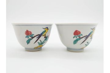 山田義明(号龍山)　九谷焼　花鳥図　約9cm　2.8寸　豊かな色彩が美しい汲出碗5客セット(牡丹、ぼたん、茶器、煎茶道具、湯のみ、湯呑み、共箱付き、和食器、裏印、二寸八分)(R-079610)