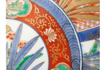 江戸期　古伊万里　染付　色絵　花菖蒲　約48cm　1尺5寸　煌びやかで優雅な大皿(花しょうぶ、花唐草模様、金彩、尺皿、和食器、和皿、一尺五寸)(R-079611)