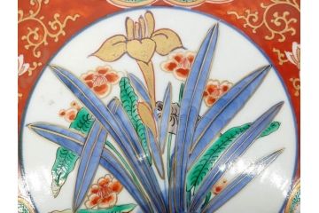 江戸期　古伊万里　染付　色絵　花菖蒲　約48cm　1尺5寸　煌びやかで優雅な大皿(花しょうぶ、花唐草模様、金彩、尺皿、和食器、和皿、一尺五寸)(R-079611)