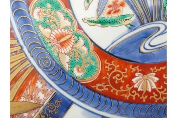 江戸期　古伊万里　染付　色絵　花菖蒲　約48cm　1尺5寸　煌びやかで優雅な大皿(花しょうぶ、花唐草模様、金彩、尺皿、和食器、和皿、一尺五寸)(R-079611)