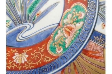 江戸期　古伊万里　染付　色絵　花菖蒲　約48cm　1尺5寸　煌びやかで優雅な大皿(花しょうぶ、花唐草模様、金彩、尺皿、和食器、和皿、一尺五寸)(R-079611)