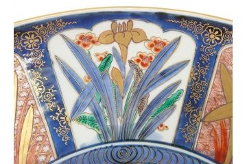 江戸期　古伊万里　染付　色絵　花菖蒲　約48cm　1尺5寸　煌びやかで優雅な大皿(花しょうぶ、花唐草模様、金彩、尺皿、和食器、和皿、一尺五寸)(R-079611)