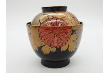 輪島塗　蒔絵　吸物椀　金彩の艶やかなデザインが見事なお椀5客セット(菊、牡丹、花、木製、漆器、漆芸、金彩、和食器、蓋付き)(R-079643)