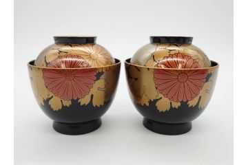 輪島塗　蒔絵　吸物椀　金彩の艶やかなデザインが見事なお椀5客セット(菊、牡丹、花、木製、漆器、漆芸、金彩、和食器、蓋付き)(R-079643)