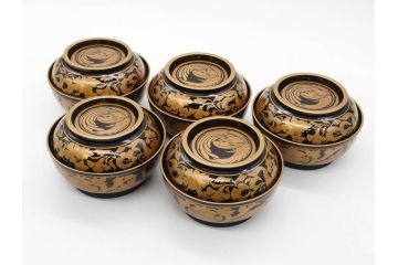 明治〜大正期　輪島塗　金蒔絵　鳳凰　高い品格を感じるお椀5客セット(鳥、牡丹、花、吸物椀、木製、漆器、漆芸、金彩、和食器、蓋付き)(R-079644)