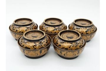 明治〜大正期　輪島塗　金蒔絵　鳳凰　高い品格を感じるお椀5客セット(鳥、牡丹、花、吸物椀、木製、漆器、漆芸、金彩、和食器、蓋付き)(R-079644)
