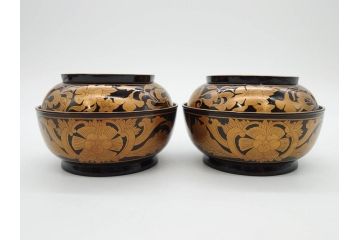 明治〜大正期　輪島塗　金蒔絵　鳳凰　高い品格を感じるお椀5客セット(鳥、牡丹、花、吸物椀、木製、漆器、漆芸、金彩、和食器、蓋付き)(R-079644)
