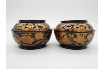 明治〜大正期　輪島塗　金蒔絵　鳳凰　高い品格を感じるお椀5客セット(鳥、牡丹、花、吸物椀、木製、漆器、漆芸、金彩、和食器、蓋付き)(R-079644)