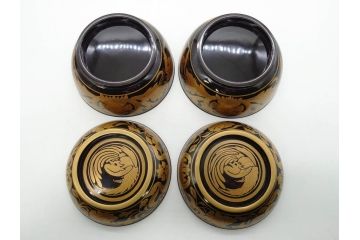 明治〜大正期　輪島塗　金蒔絵　鳳凰　高い品格を感じるお椀5客セット(鳥、牡丹、花、吸物椀、木製、漆器、漆芸、金彩、和食器、蓋付き)(R-079644)
