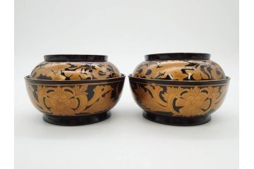 明治〜大正期　輪島塗　金蒔絵　鳳凰　高い品格を感じるお椀5客セット(鳥、牡丹、花、吸物椀、木製、漆器、漆芸、金彩、和食器、蓋付き)(R-079644)