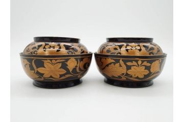 明治〜大正期　輪島塗　金蒔絵　鳳凰　高い品格を感じるお椀5客セット(鳥、牡丹、花、吸物椀、木製、漆器、漆芸、金彩、和食器、蓋付き)(R-079644)