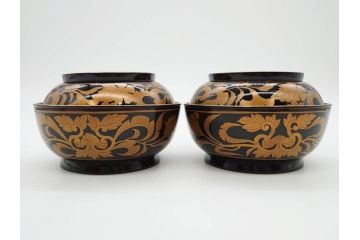 明治〜大正期　輪島塗　金蒔絵　鳳凰　高い品格を感じるお椀5客セット(鳥、牡丹、花、吸物椀、木製、漆器、漆芸、金彩、和食器、蓋付き)(R-079644)