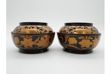 明治〜大正期　輪島塗　金蒔絵　鳳凰　高い品格を感じるお椀5客セット(鳥、牡丹、花、吸物椀、木製、漆器、漆芸、金彩、和食器、蓋付き)(R-079644)