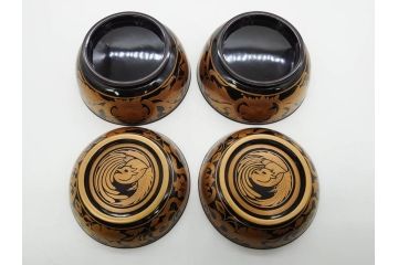 明治〜大正期　輪島塗　金蒔絵　鳳凰　高い品格を感じるお椀5客セット(鳥、牡丹、花、吸物椀、木製、漆器、漆芸、金彩、和食器、蓋付き)(R-079644)
