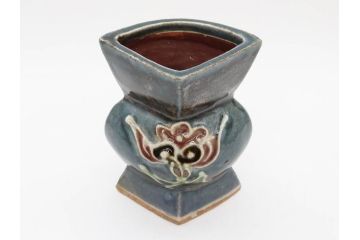 河井寛次郎　花文　独創的なデザインに心惹かれる花扁壷(花入、花器、花生、フラワーベース、共箱付き、日本工芸会シールあり)(R-079648)