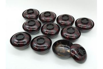 明治期　輪島塗　木製　漆器　金蒔絵　気品漂うお椀10客セット(蓮、菊、蝶、ちょう、花、蓋付き、汁椀、吸物椀、漆芸、和食器)(R-079649)