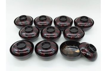 明治期　輪島塗　木製　漆器　金蒔絵　気品漂うお椀10客セット(蓮、菊、蝶、ちょう、花、蓋付き、汁椀、吸物椀、漆芸、和食器)(R-079649)