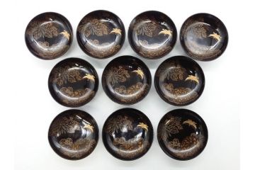 明治期　輪島塗　木製　漆器　金蒔絵　気品漂うお椀10客セット(蓮、菊、蝶、ちょう、花、蓋付き、汁椀、吸物椀、漆芸、和食器)(R-079649)
