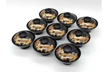 昭和期　輪島塗　漆器　木製　金蒔絵　豪華な金彩が美しいお椀9客セット(鉄線花?、漆芸、蓋付き、汁椀、吸物椀、和食器)(R-079650)