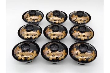 昭和期　輪島塗　漆器　木製　金蒔絵　豪華な金彩が美しいお椀9客セット(鉄線花?、漆芸、蓋付き、汁椀、吸物椀、和食器)(R-079650)