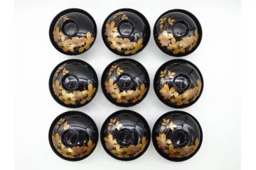 昭和期　輪島塗　漆器　木製　金蒔絵　豪華な金彩が美しいお椀9客セット(鉄線花?、漆芸、蓋付き、汁椀、吸物椀、和食器)(R-079650)