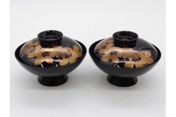 昭和期　輪島塗　漆器　木製　金蒔絵　豪華な金彩が美しいお椀9客セット(鉄線花?、漆芸、蓋付き、汁椀、吸物椀、和食器)(R-079650)