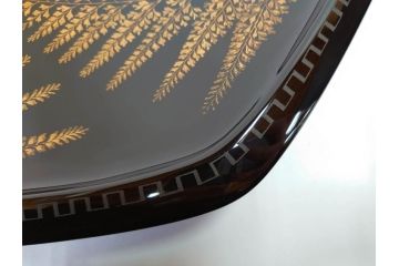 漆芸家 音丸香　蒟醤塗　漆器　木製　繊細な金彩のデザインが美しい羊歯文きんま香盆(シダ、植物、茶道、香道具、六角、お盆、トレイ、トレー、黄袋付き、共箱付き)(R-079654)