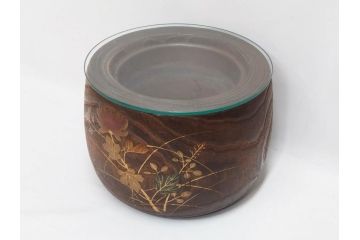 大正〜昭和初期　蒔絵　刳り貫き　菊　雅なデザインが魅力の火鉢(花、丸火鉢、手あぶり、木製、ガラス天板付き)(R-079678)