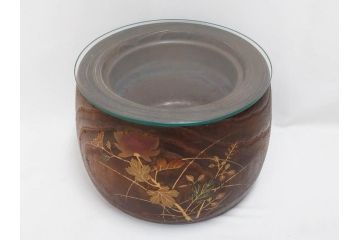 大正〜昭和初期　蒔絵　刳り貫き　菊　雅なデザインが魅力の火鉢(花、丸火鉢、手あぶり、木製、ガラス天板付き)(R-079678)