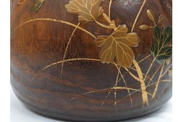 大正〜昭和初期　蒔絵　刳り貫き　菊　雅なデザインが魅力の火鉢(花、丸火鉢、手あぶり、木製、ガラス天板付き)(R-079678)