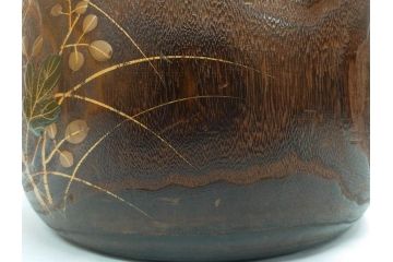 大正〜昭和初期　蒔絵　刳り貫き　菊　雅なデザインが魅力の火鉢(花、丸火鉢、手あぶり、木製、ガラス天板付き)(R-079678)