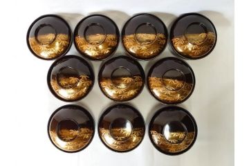 明治期　上手物　高蒔絵　金梨地　梅竹　眩い煌めきに見惚れる煮物椀10客セット(笹、漆器、和食器、木製椀、汁椀、吸物椀、お椀、共箱付き)(R-079680)