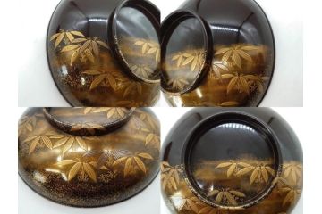 明治期　上手物　高蒔絵　金梨地　梅竹　眩い煌めきに見惚れる煮物椀10客セット(笹、漆器、和食器、木製椀、汁椀、吸物椀、お椀、共箱付き)(R-079680)