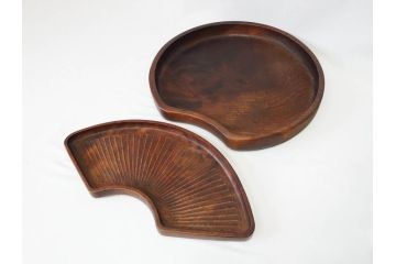 明治〜大正期　在銘作家物　ケヤキ　欅盆　扇面　木の温もりを感じるお盆2点セット(木製、トレイ、トレー、木皿、藤原盆?)(R-079681)