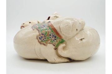 明治期　時代物　清水六兵衛　京焼　在銘作家物　犬の微笑ましい表情に心が癒される香炉(イヌ、仏具、茶道具、裏印、外箱付き)(R-079683)