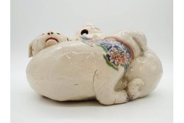 明治期　時代物　清水六兵衛　京焼　在銘作家物　犬の微笑ましい表情に心が癒される香炉(イヌ、仏具、茶道具、裏印、外箱付き)(R-079683)