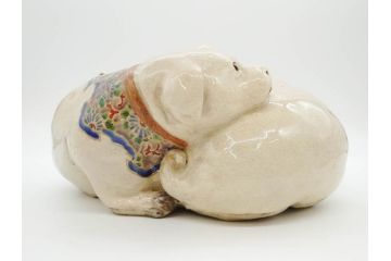 明治期　時代物　清水六兵衛　京焼　在銘作家物　犬の微笑ましい表情に心が癒される香炉(イヌ、仏具、茶道具、裏印、外箱付き)(R-079683)