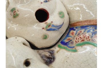 明治期　時代物　清水六兵衛　京焼　在銘作家物　犬の微笑ましい表情に心が癒される香炉(イヌ、仏具、茶道具、裏印、外箱付き)(R-079683)