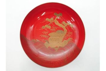 明治3年　朱塗　金蒔絵　漆器　木製　五ツ組　雅な雰囲気漂う大盃5点セット(松、牡丹、花、風景、漆芸、杯、酒器、和食器、共箱付き)(R-079685)
