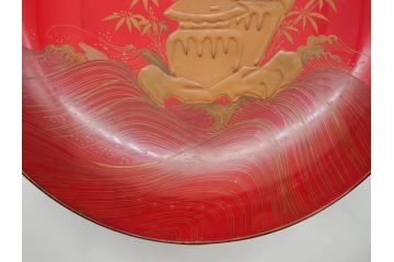 明治3年　朱塗　金蒔絵　漆器　木製　五ツ組　雅な雰囲気漂う大盃5点セット(松、牡丹、花、風景、漆芸、杯、酒器、和食器、共箱付き)(R-079685)