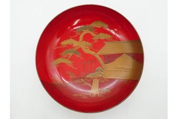 明治3年　朱塗　金蒔絵　漆器　木製　五ツ組　雅な雰囲気漂う大盃5点セット(松、牡丹、花、風景、漆芸、杯、酒器、和食器、共箱付き)(R-079685)