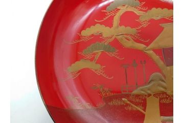 明治3年　朱塗　金蒔絵　漆器　木製　五ツ組　雅な雰囲気漂う大盃5点セット(松、牡丹、花、風景、漆芸、杯、酒器、和食器、共箱付き)(R-079685)