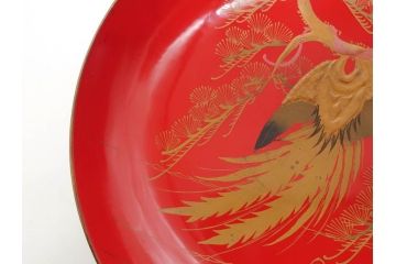 明治3年　朱塗　金蒔絵　漆器　木製　五ツ組　雅な雰囲気漂う大盃5点セット(松、牡丹、花、風景、漆芸、杯、酒器、和食器、共箱付き)(R-079685)
