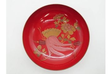 明治3年　朱塗　金蒔絵　漆器　木製　五ツ組　雅な雰囲気漂う大盃5点セット(松、牡丹、花、風景、漆芸、杯、酒器、和食器、共箱付き)(R-079685)