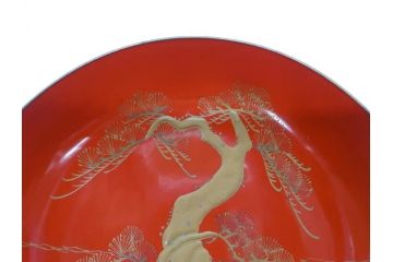 明治3年　朱塗　金蒔絵　漆器　木製　五ツ組　雅な雰囲気漂う大盃5点セット(松、牡丹、花、風景、漆芸、杯、酒器、和食器、共箱付き)(R-079685)