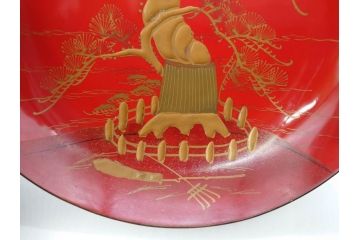 明治3年　朱塗　金蒔絵　漆器　木製　五ツ組　雅な雰囲気漂う大盃5点セット(松、牡丹、花、風景、漆芸、杯、酒器、和食器、共箱付き)(R-079685)