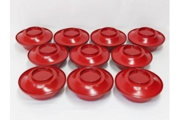 明治期　朱塗　木製椀　食卓を明るく彩る煮物椀10客セット(漆器、和食器、汁椀、蓋付き、吸物椀、お椀、共箱付き)(R-079687)