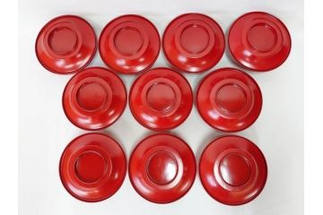 明治期　朱塗　木製椀　食卓を明るく彩る煮物椀10客セット(漆器、和食器、汁椀、蓋付き、吸物椀、お椀、共箱付き)(R-079687)