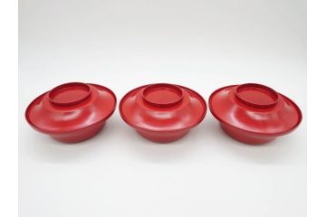 明治期　朱塗　木製椀　食卓を明るく彩る煮物椀10客セット(漆器、和食器、汁椀、蓋付き、吸物椀、お椀、共箱付き)(R-079687)