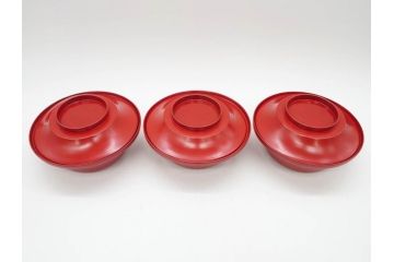 明治期　朱塗　木製椀　食卓を明るく彩る煮物椀10客セット(漆器、和食器、汁椀、蓋付き、吸物椀、お椀、共箱付き)(R-079687)